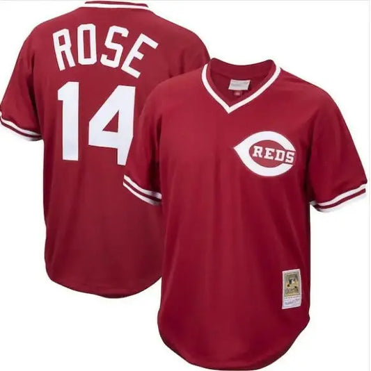 Red Cincinnati Reds baseball jersey from Pete Rose Cooperstown Collection displayed for sale