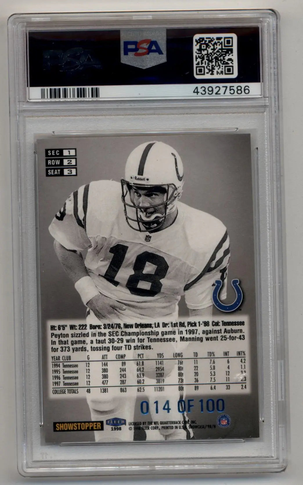 Peyton Manning 1998 Flair Showcase Legacy Collection Row 2 #3 14/100 PSA 6 Excellent Mint - Singles