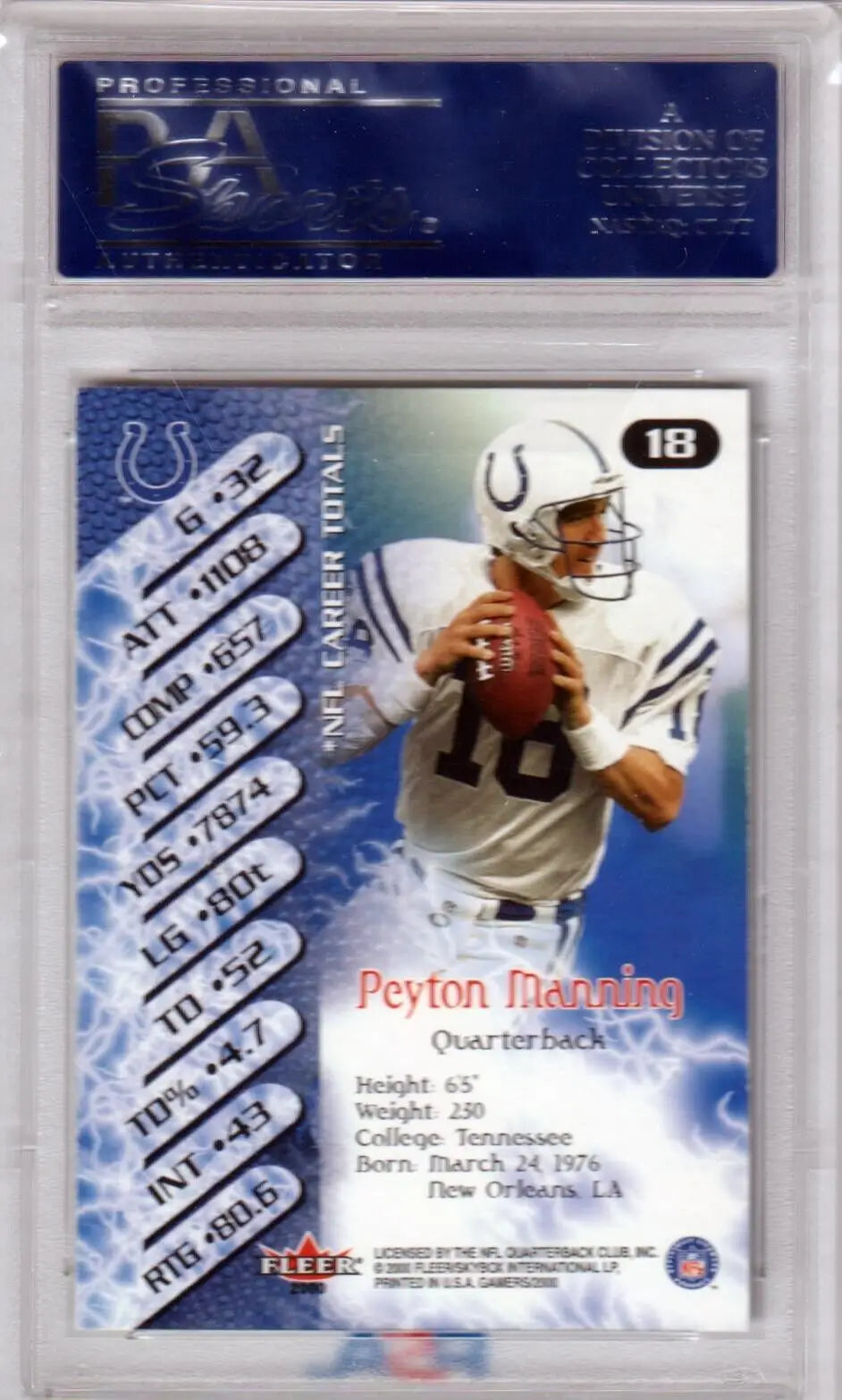Professional football trading card of Peyton Manning in white uniform for sale
