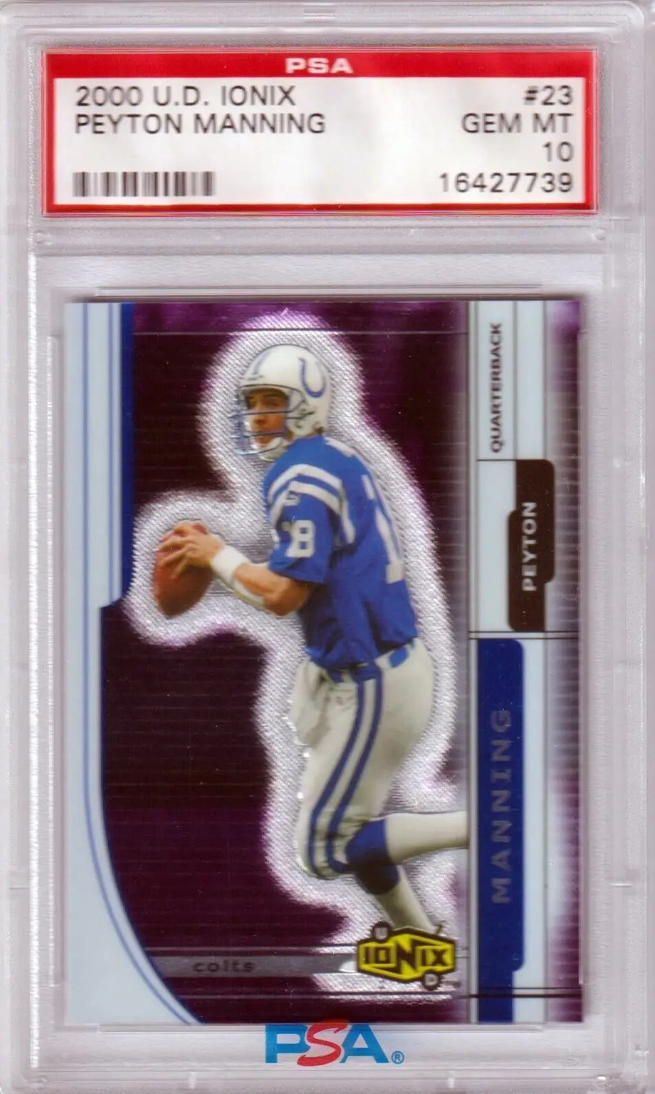 Graded Peyton Manning football card from Upper Deck Ionix, ESPN magazine covers, Columbia Hobby