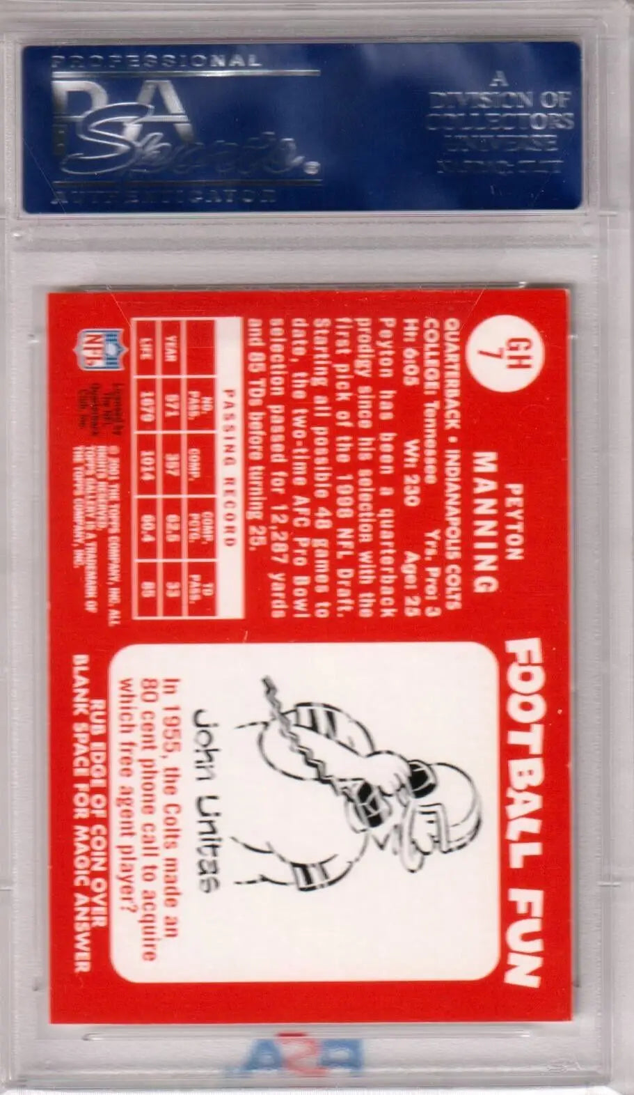 Peyton Manning 2001 Topps Gallery Heritage card in clear case for Columbia Hobby sale