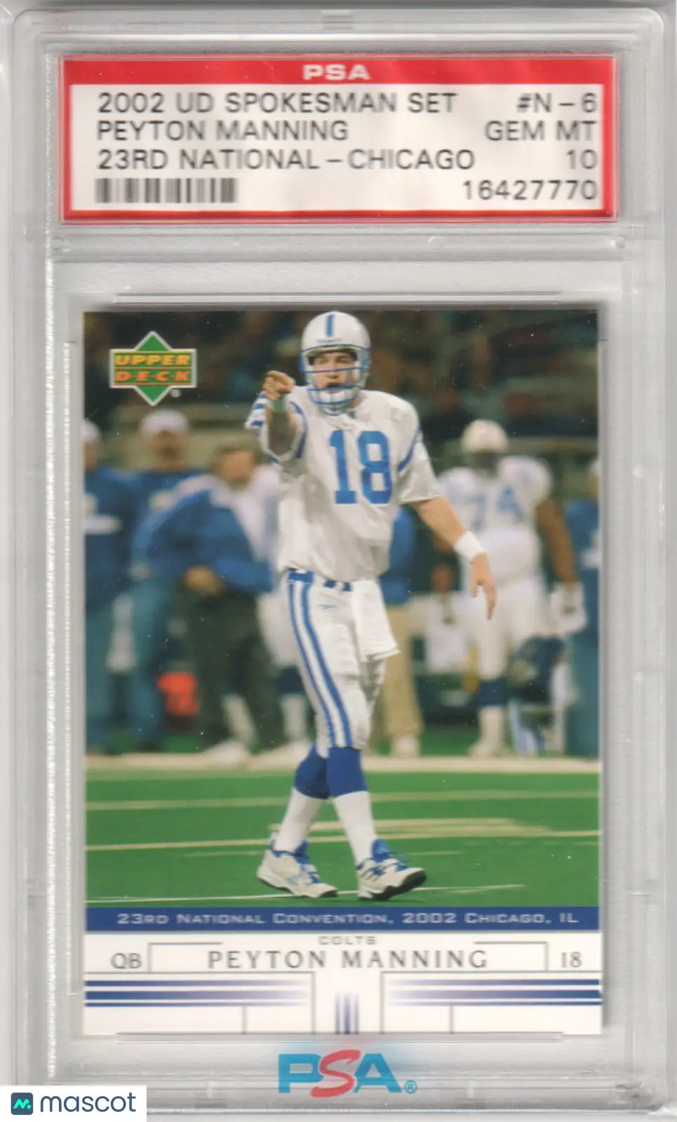 Graded Peyton Manning football trading card from Upper Deck Spokesman series at Columbia Hobby