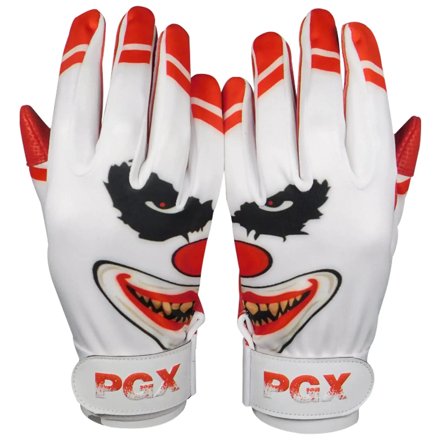 PGX Crazy Clown baseball batting gloves with clown-themed football glove design