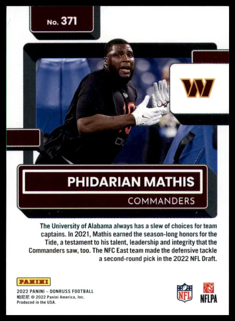 Football trading card of Phidarian Mathis Rookie 2022 Donruss Washington Commanders