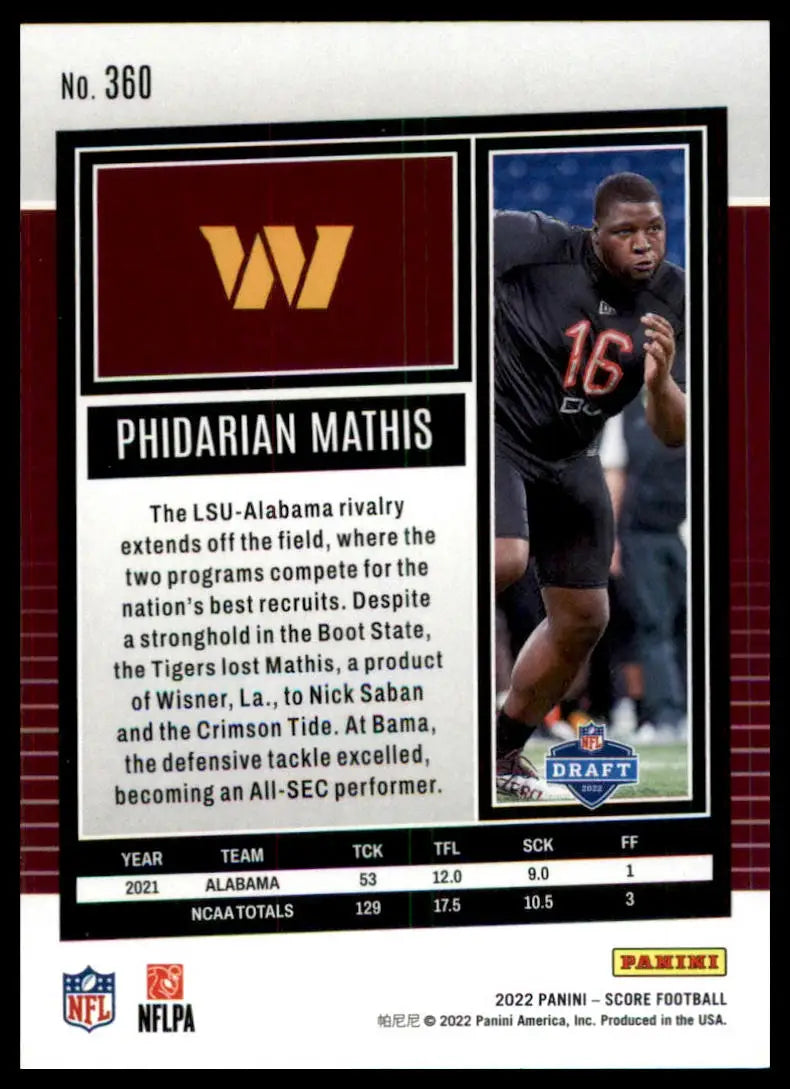 Phidarian Mathis football card from 2022 Score Rookie series featuring Washington Commanders