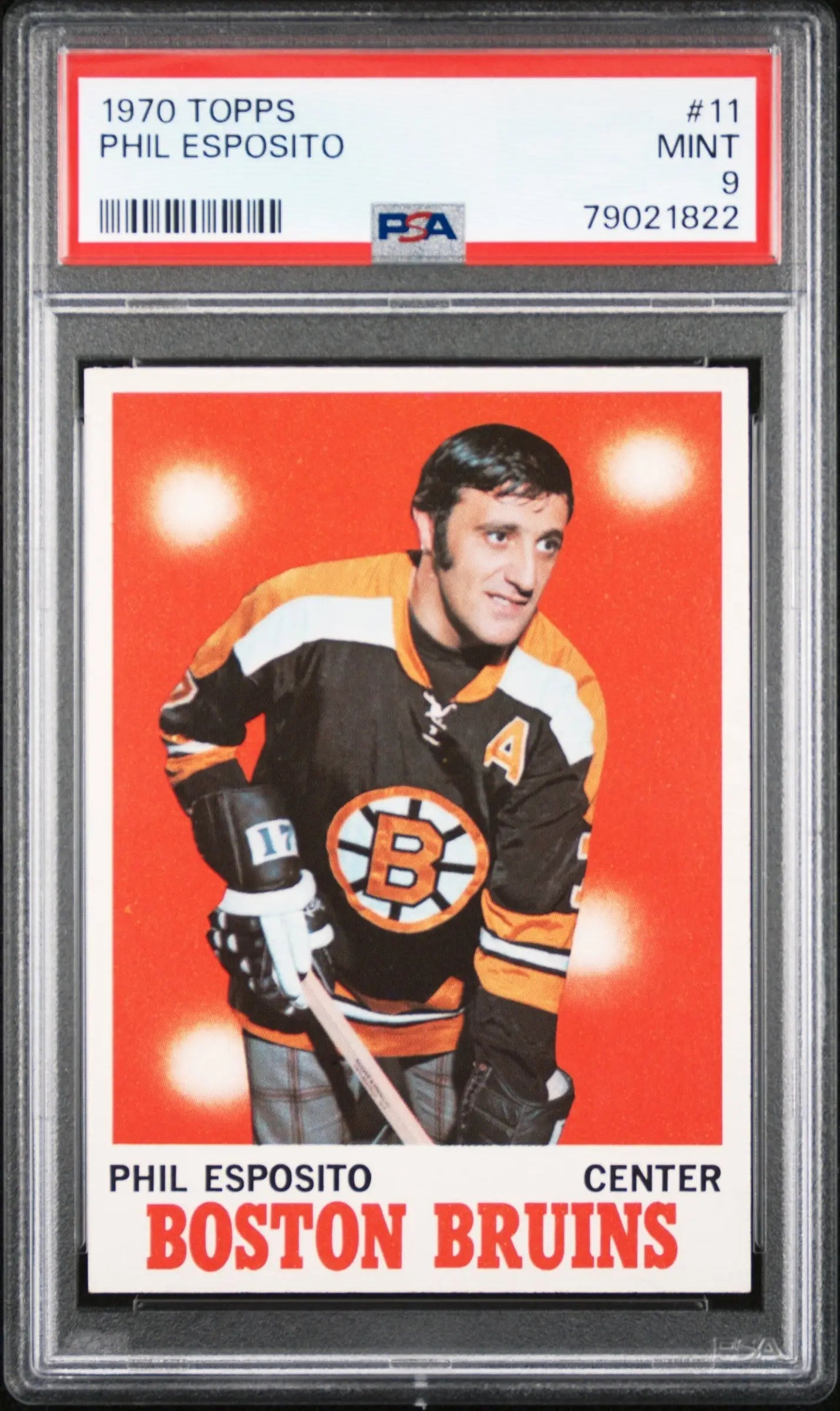 PSA-graded 1970 Topps Phil Esposito Boston Bruins trading card in protective holder