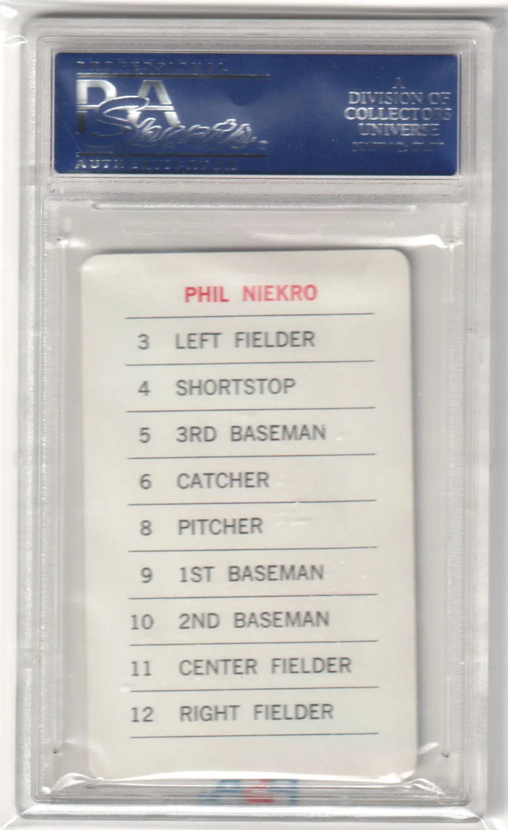 Graded Phil Niekro baseball card from Milton Bradley PSA 9 Mint for Braves collection