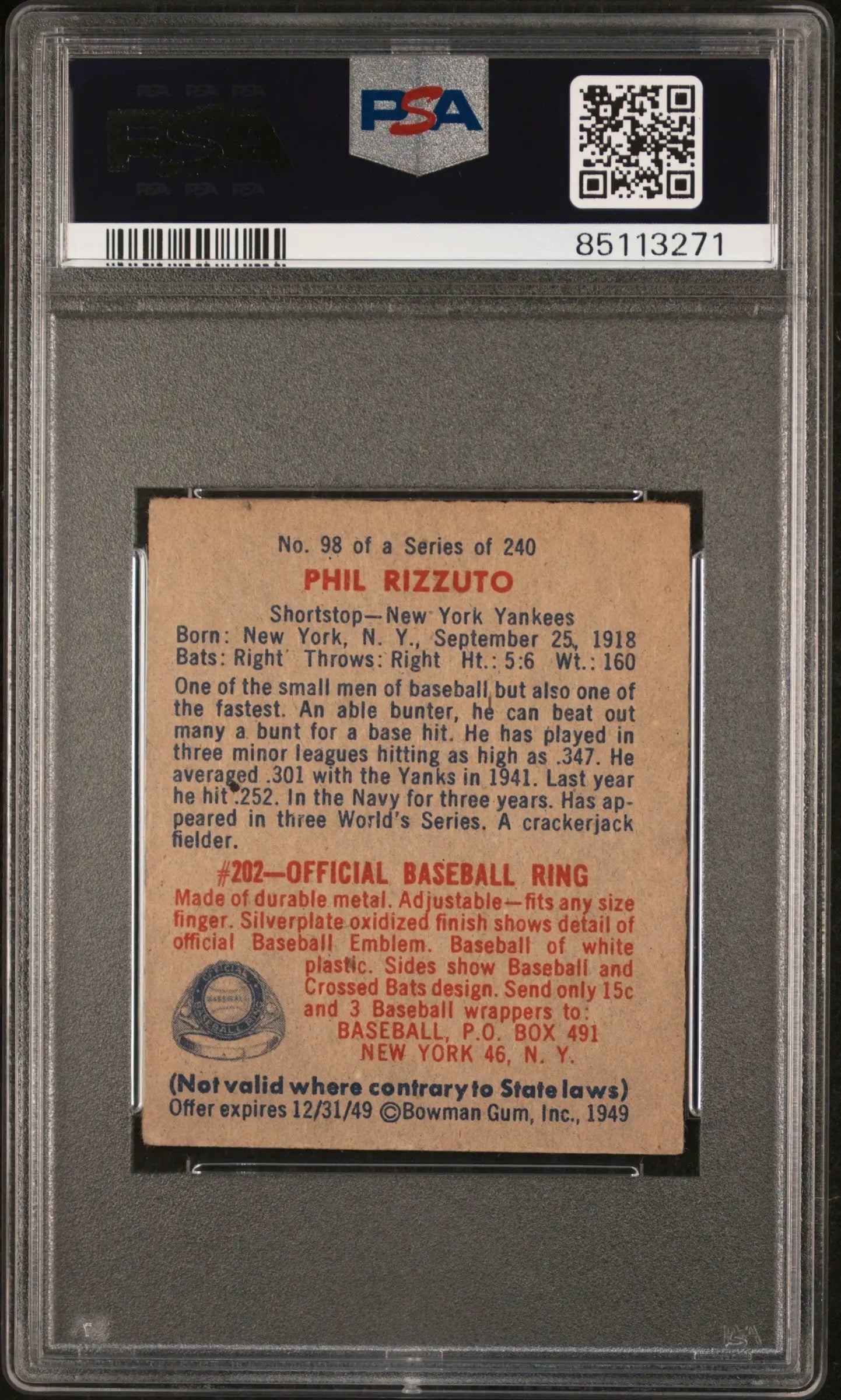Phil Rizzuto 1949 Bowman #98 No Name on Front baseball card in PSA 2 holder