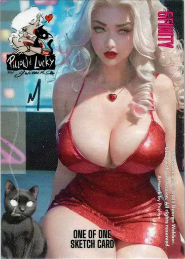 Woman with platinum blonde hair in a red outfit on Pillow & Lucky 5finity sketch card