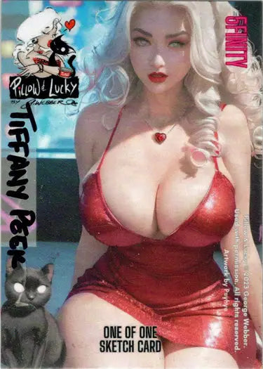 Woman with platinum blonde hair in red outfit on Tiffany Peek sketch card design