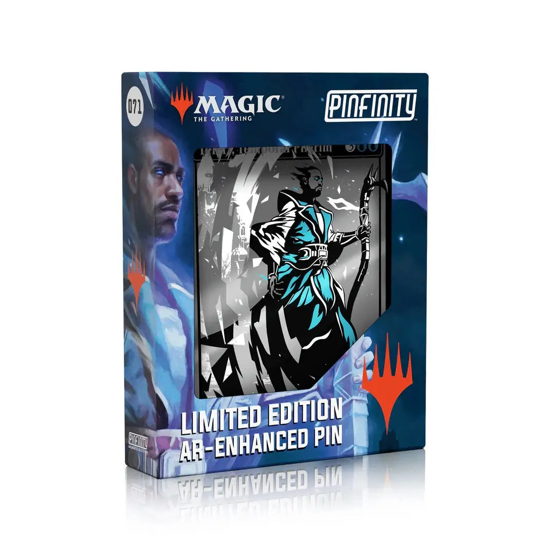 Limited edition Magic: The Gathering AR pin featuring blue archer character Teferi