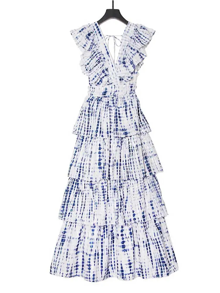 White and blue tie-dye tiered ruffle maxi dress with deep V neckline for summer occasions