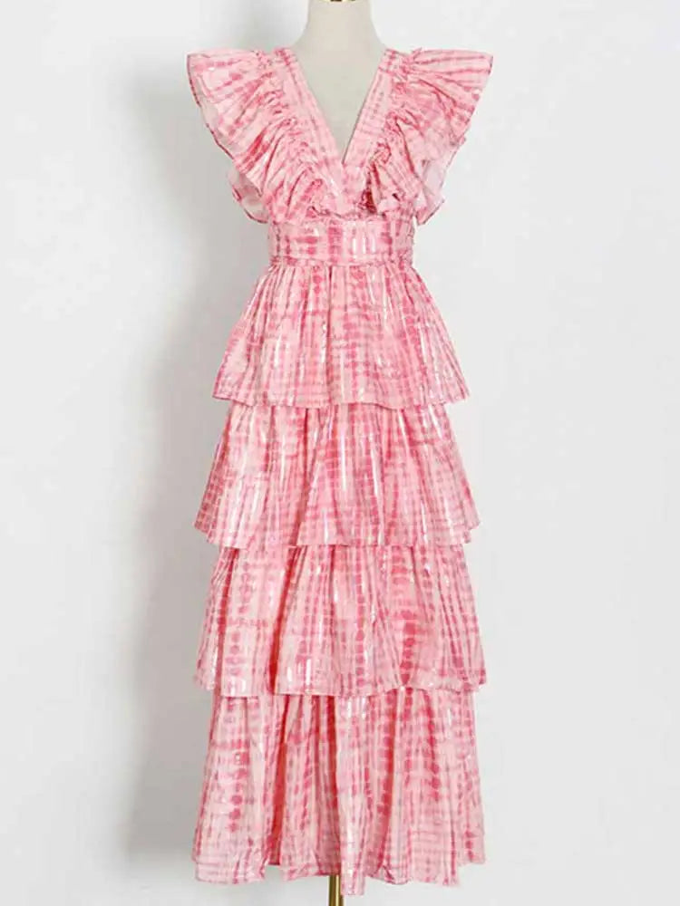Pink deep V neckline long dress with tiered ruffled midi design for summer wear