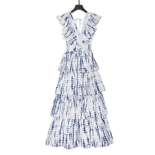 White and blue tie-dye tiered ruffle maxi dress with deep V neckline long dress style