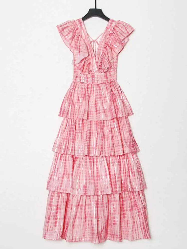 Pink tie-dye tiered ruffle maxi dress with deep V neckline and short sleeves