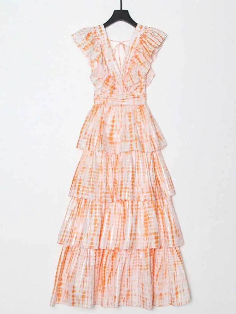 Light pink and orange tie-dye deep V neckline long dress with ruffled cap sleeves