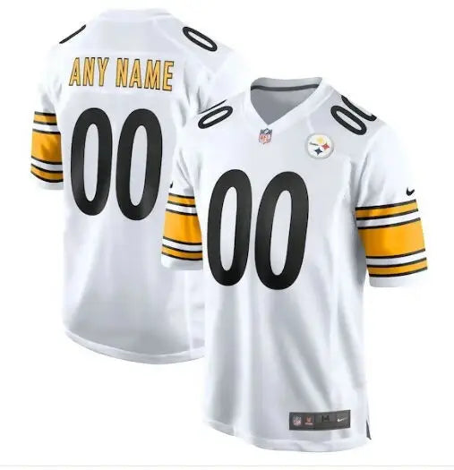 White Pittsburgh Steelers Nike Game custom football jersey with black numbers and yellow black striped sleeves