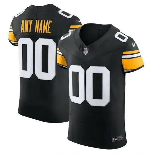 Black Pittsburgh Steelers Nike Vapor F.U.S.E. Elite Custom Jersey with yellow and white accents and number 00