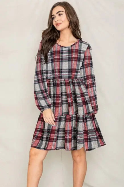 Plaid Tiered Mini Day Dress USA ?? XL/2XL/3XL - HEATHER RED / 1X - Day Dress