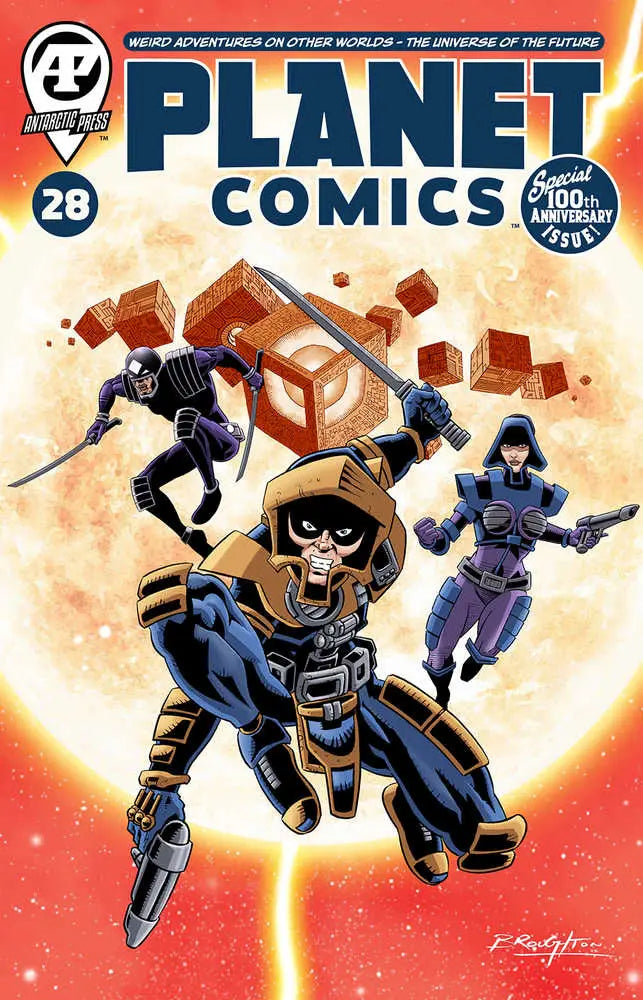 Planet Comics #28 cover with action heroes, geometric shapes, and Shaman Kane