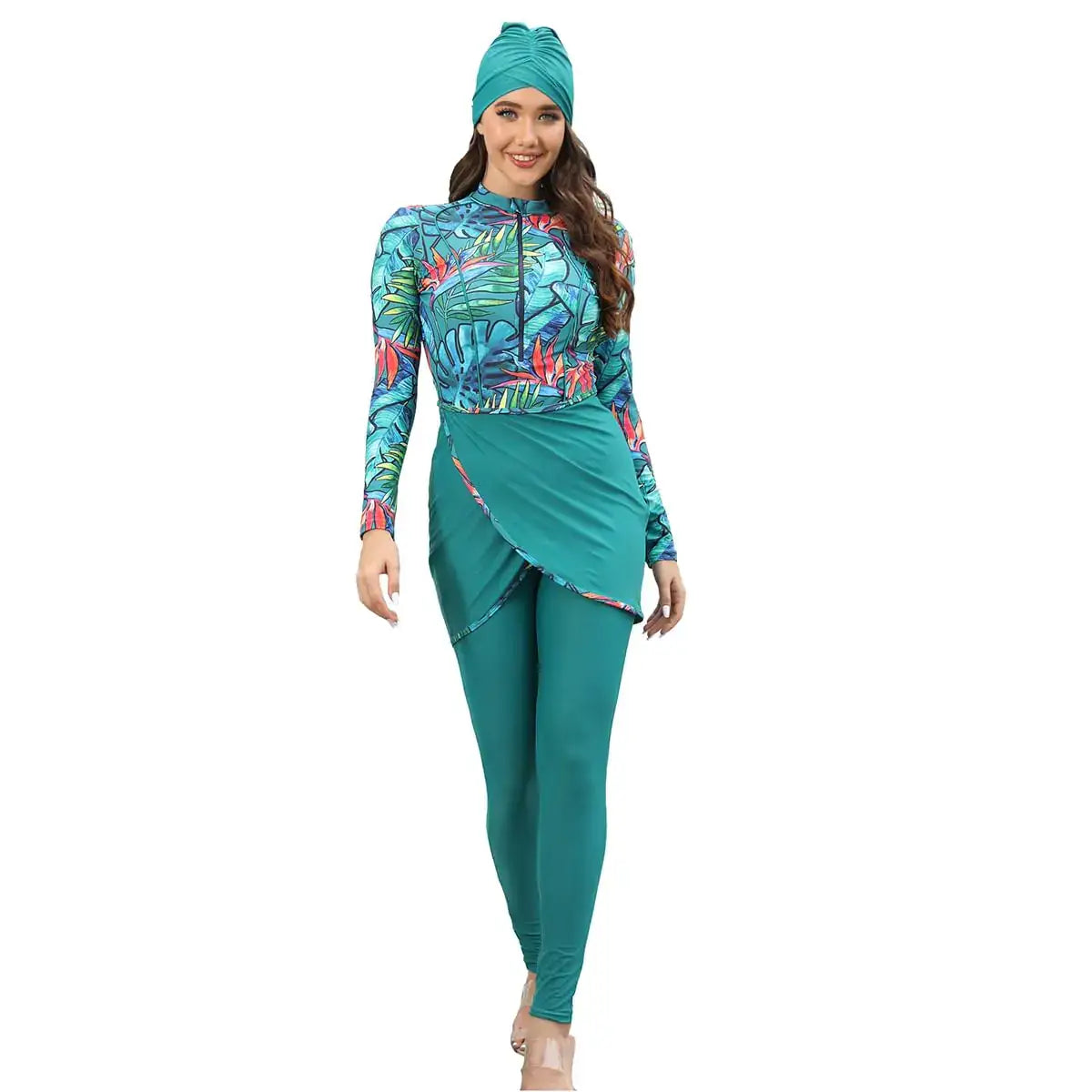 Mint green plus size long sleeve burkini Muslim swimwear with head covering for women