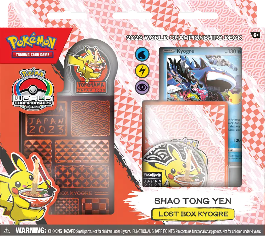 Pokémon World Championship 2023 merchandise pack with Pikachu and Kyogre-themed trading cards