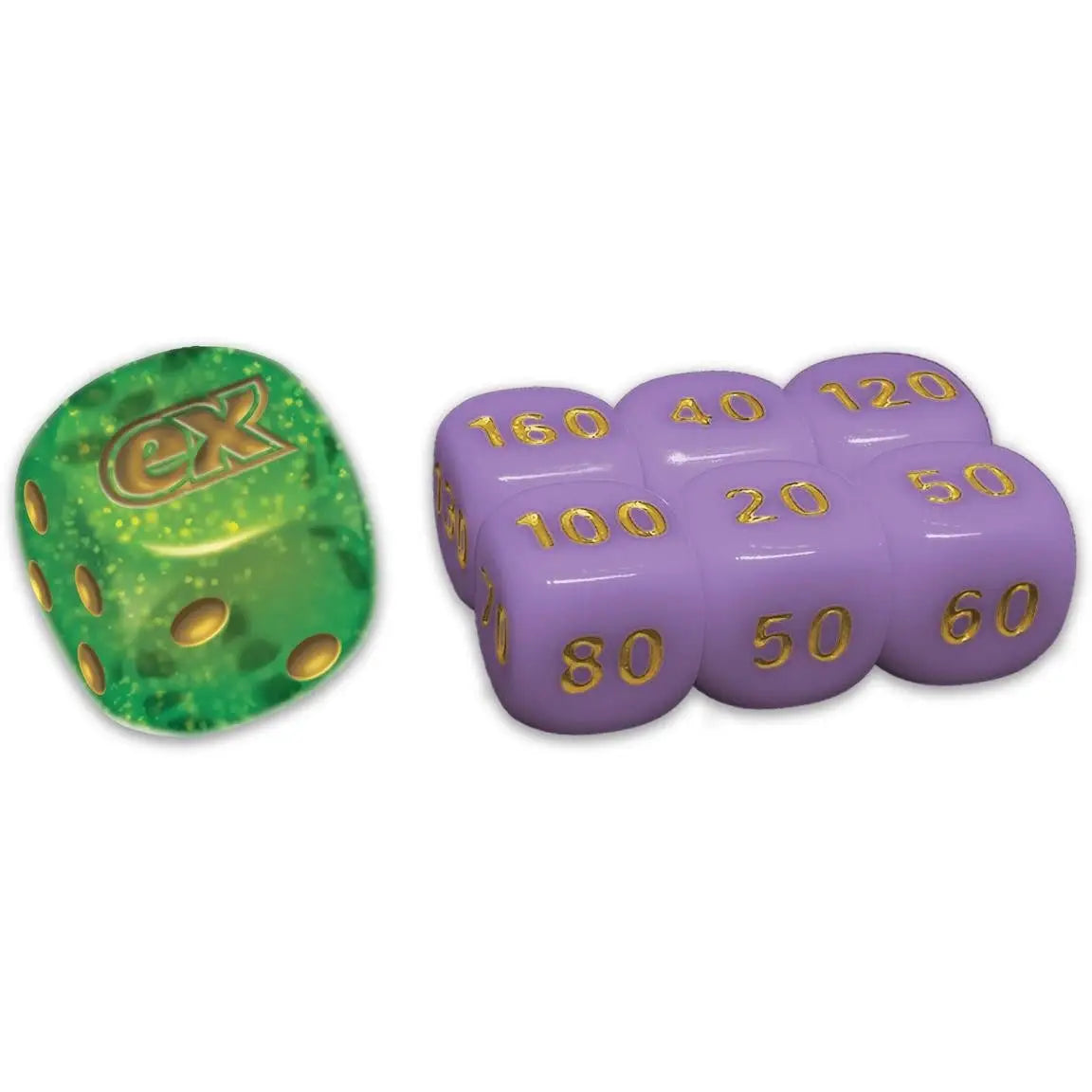 Green and purple dice set in Pokemon Dragapult EX League Battle Deck Box for battle deck box