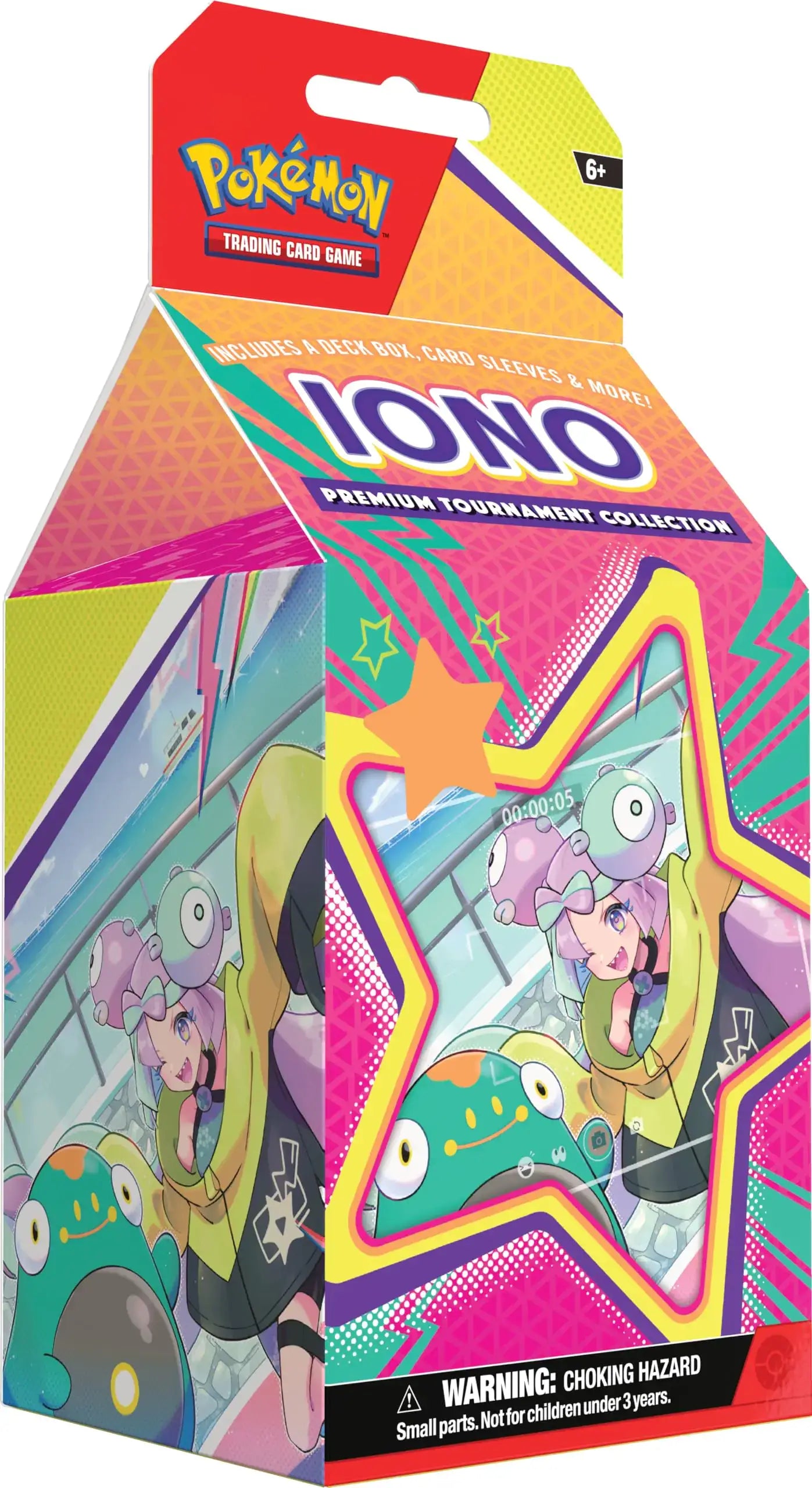 Pokemon Iono Premium Tournament Collection Box displaying Pokemon trading cards and accessories
