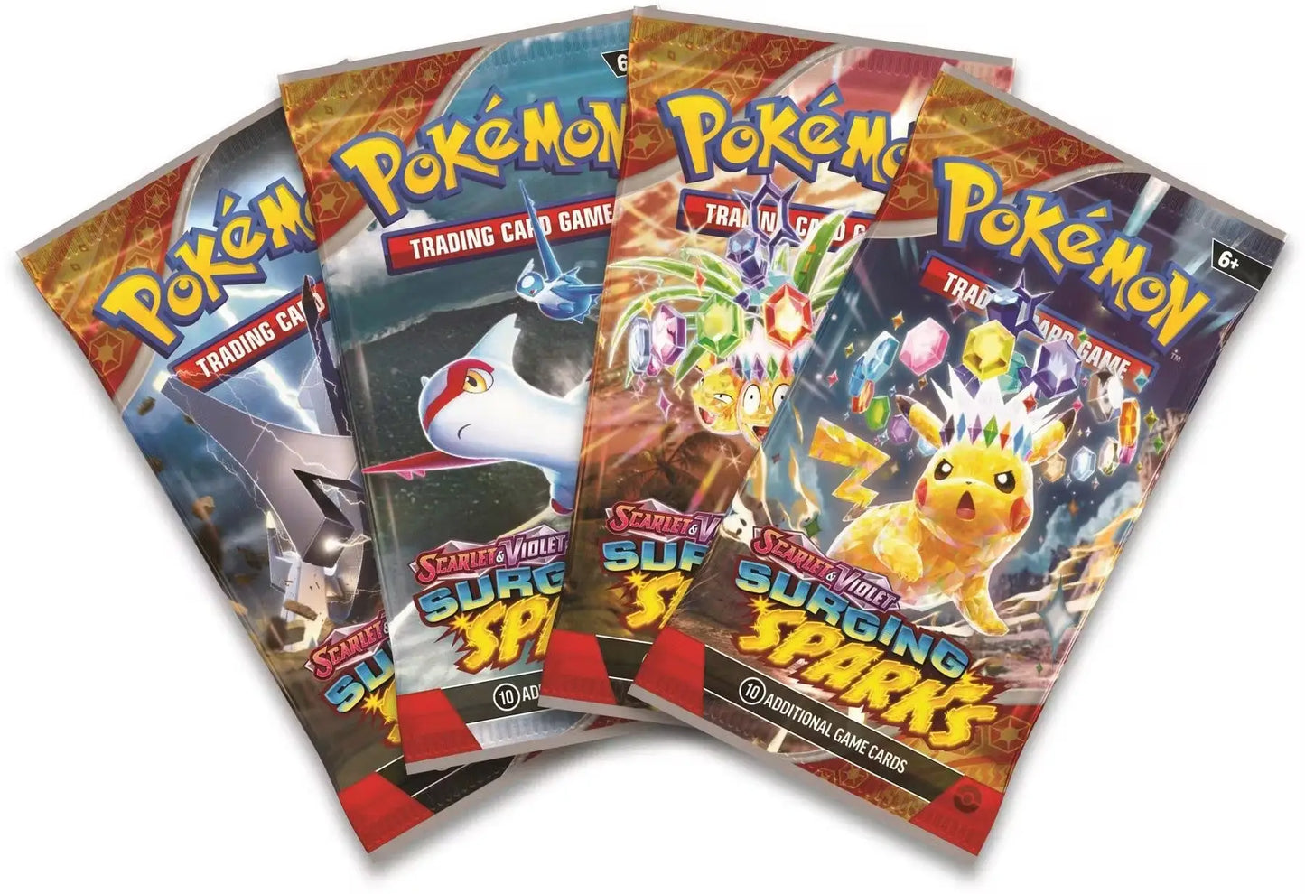 Four Pokémon Trading Card Game booster packs from Pokemon Scarlet & Violet Surging Sparks box featuring trainer cards and ace spec cards