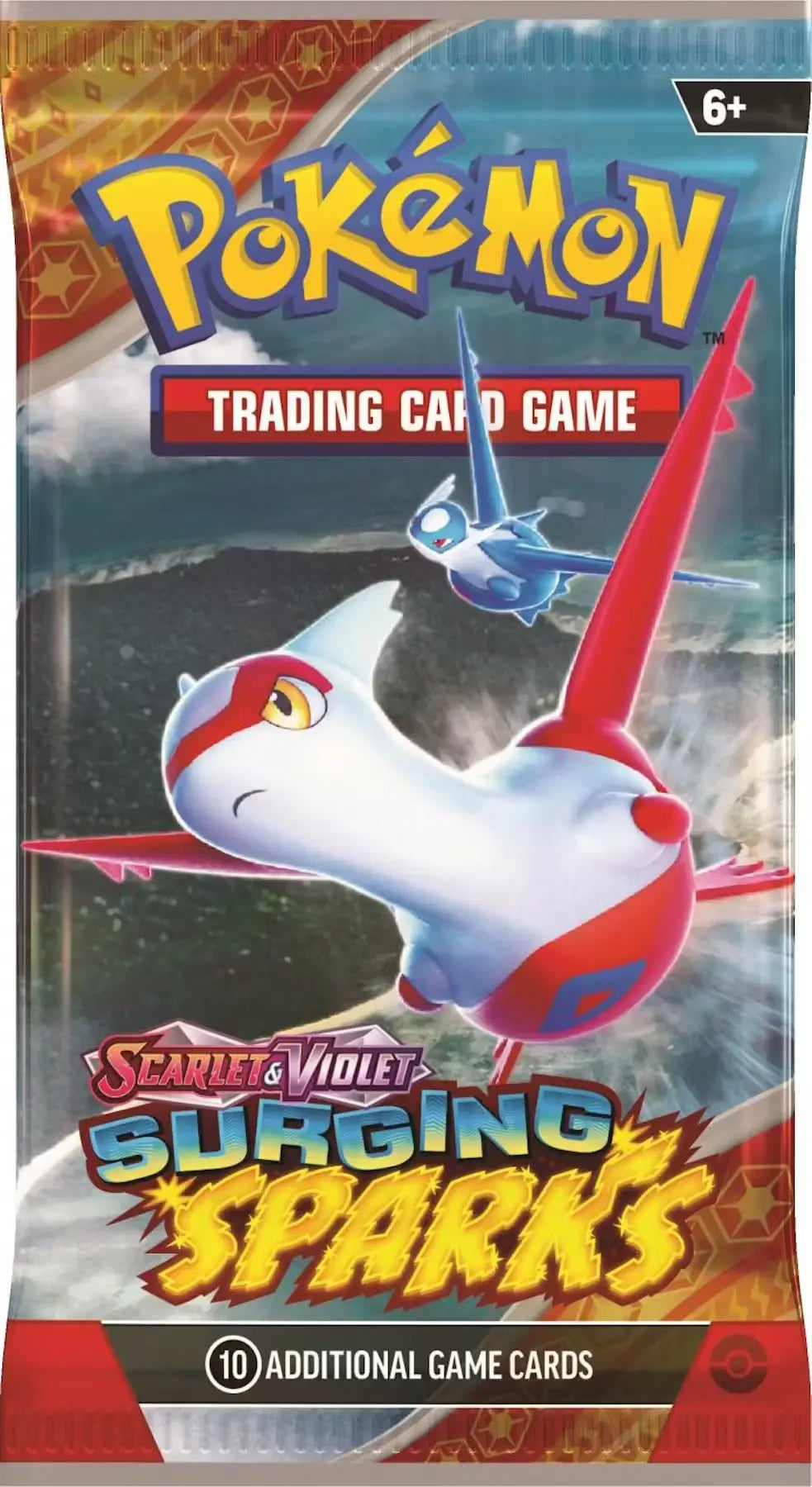Pokémon Surging Sparks Booster Box featuring trainer cards and ace spec cards