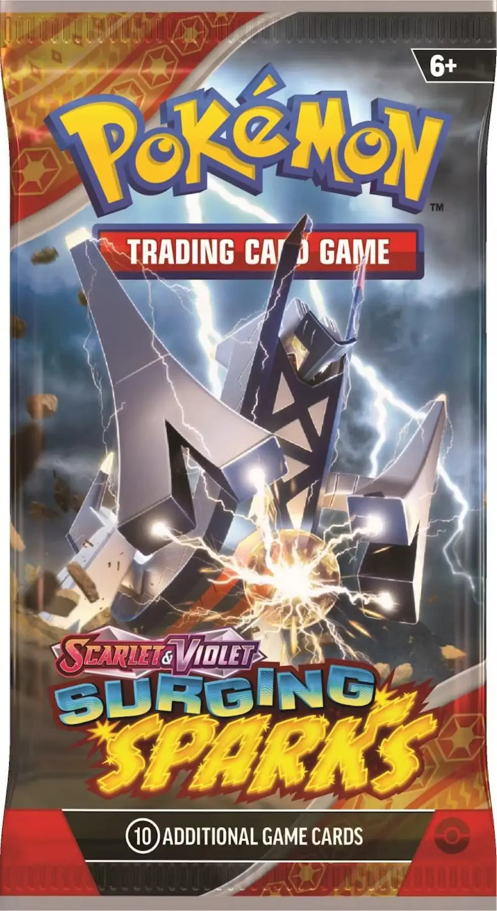 Pokémon Surging Sparks trading card pack featuring trainer cards and ace spec cards