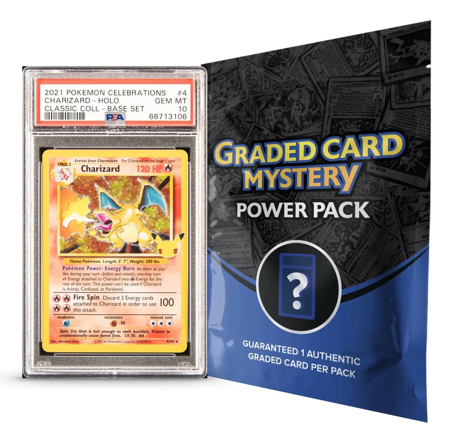 Graded Charizard Pokemon card and mystery pack from Pokemon TCG Graded Mystery Collection Box