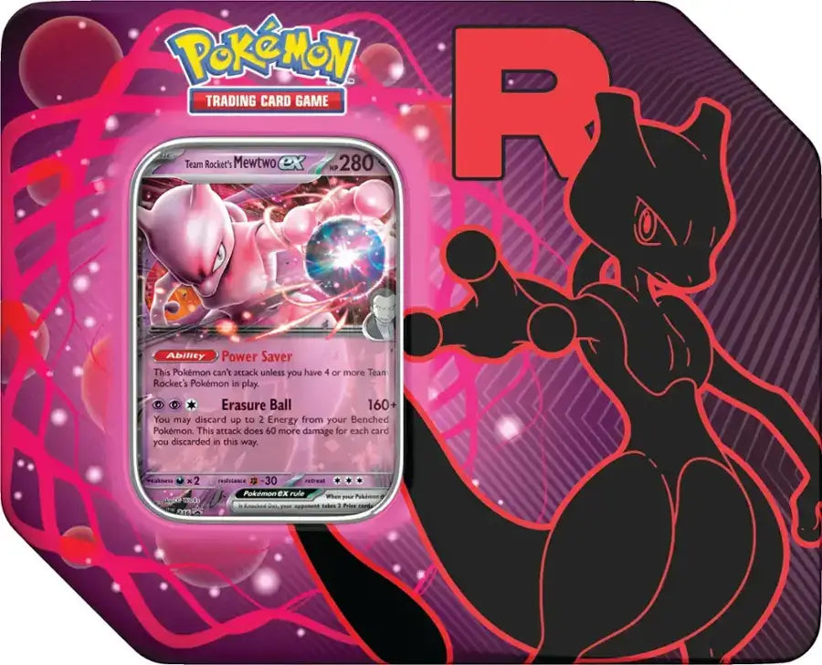 Pokémon TCG Team Rocket’s Mewtwo EX Tin featuring a rare Pokémon card