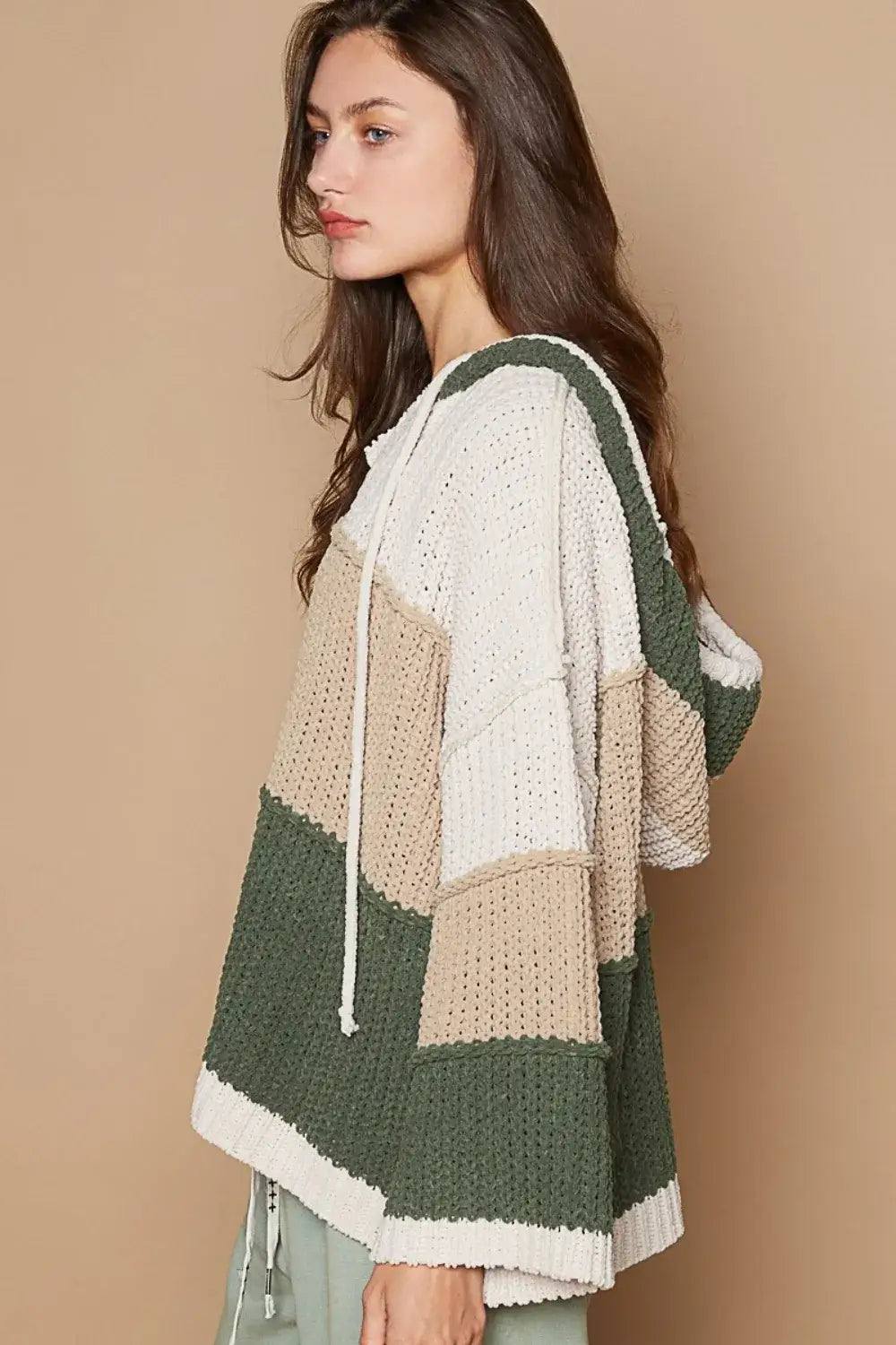 POL Color Block Long Sleeve Hooded Sweater featuring a cream, tan, and olive green knit hoodie