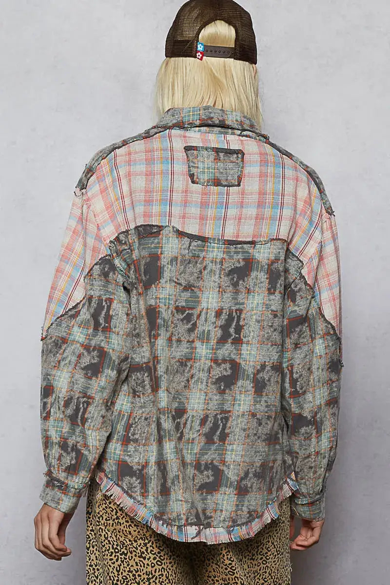 Pol plaid patchwork long sleeve shirt with distressed plaid and camouflage patchwork details