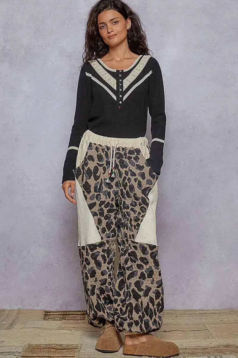 POL Ribbed Half Button Lace Detail Knit Top