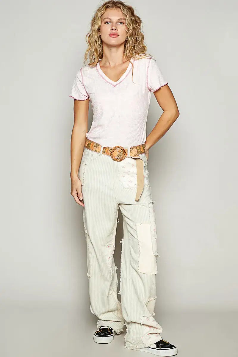 POL V-Neck Short Sleeve Ribbed T-Shirt with Contrast Overlock Stitching - Overlock Stitching