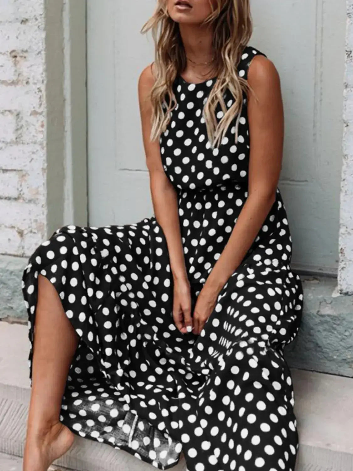 Polka Dot Round Neck Sleeveless Midi Dress - dress