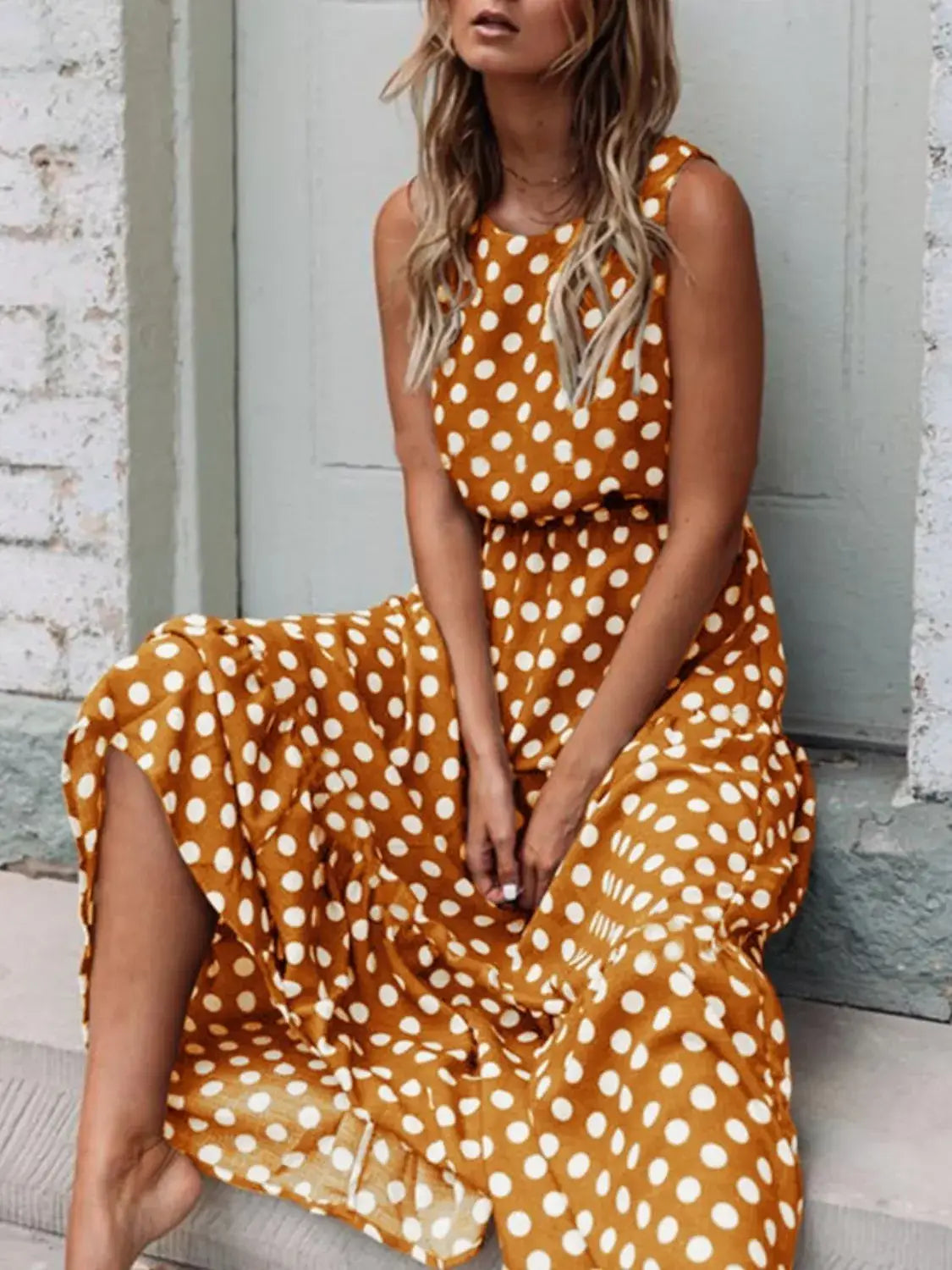 Polka Dot Round Neck Sleeveless Midi Dress - dress