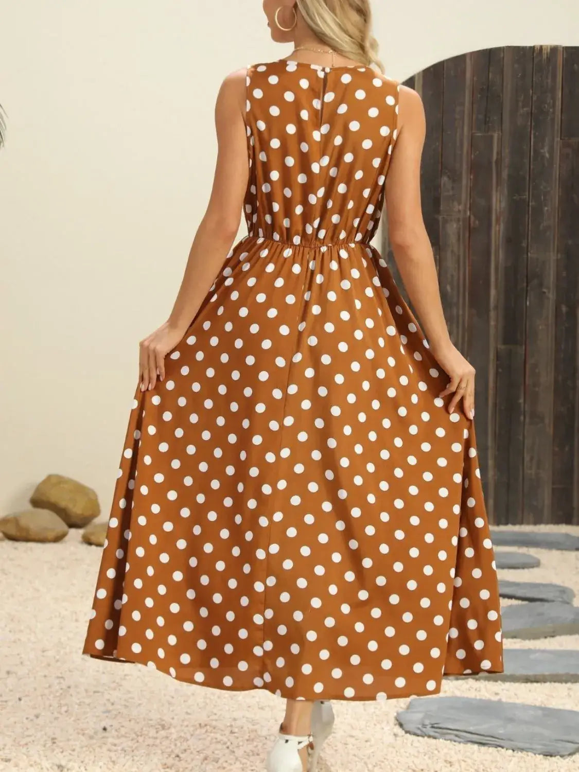 Polka Dot Round Neck Sleeveless Midi Dress - dress