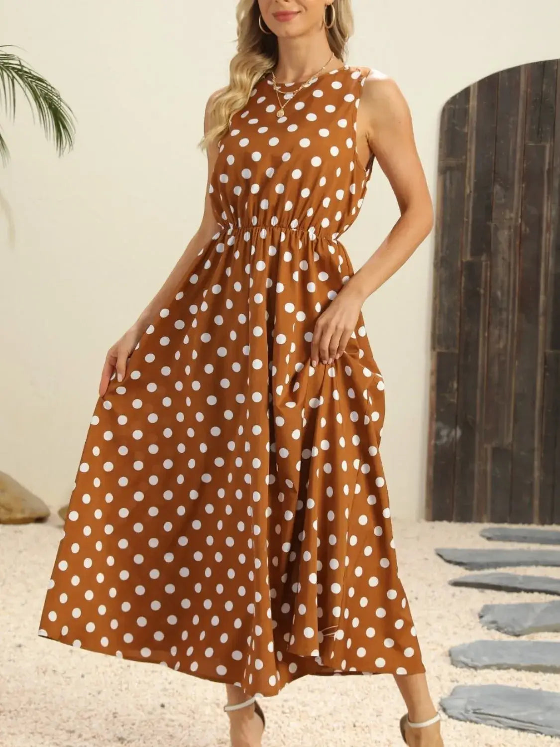 Polka Dot Round Neck Sleeveless Midi Dress - dress