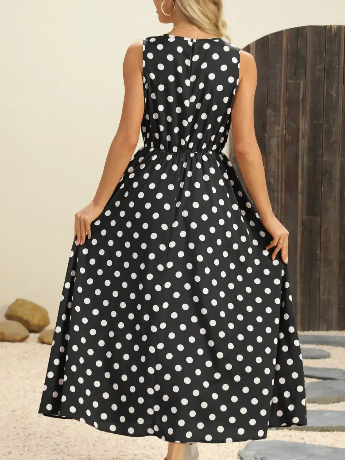 Polka Dot Round Neck Sleeveless Midi Dress - dress