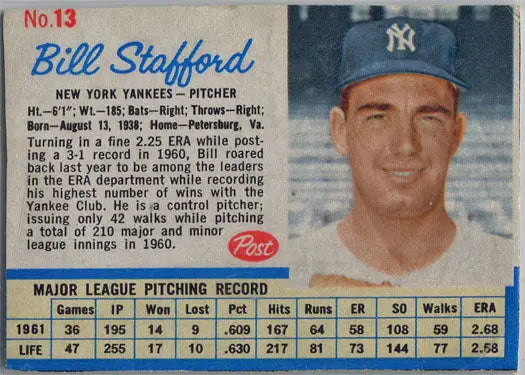 Vintage Post Cereal Baseball card of New York Yankees pitcher Bill Stafford