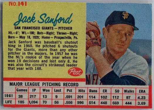 Post Cereal Baseball 1962 trading card featuring Jack Sanford of the San Francisco Giants