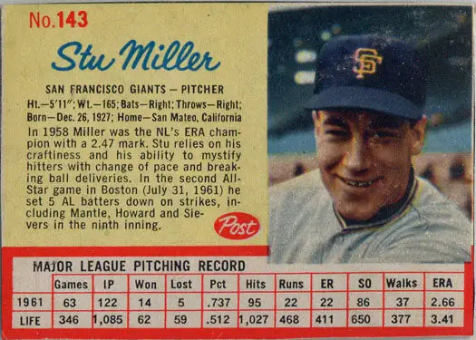 Post Cereal Baseball 1962 trading card featuring pitcher Stu Miller of the San Francisco Giants