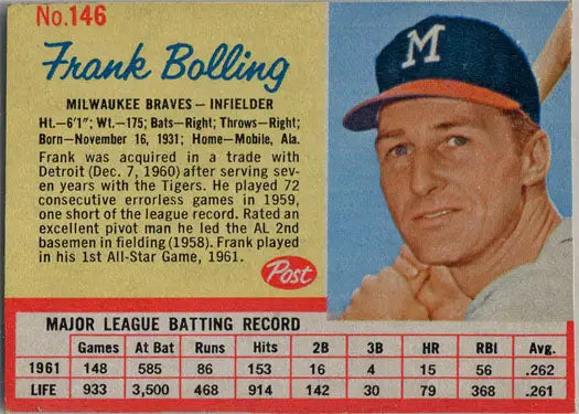 Post Cereal Baseball 1962 Trading Card 146 Frank Bolling for Milwaukee Braves