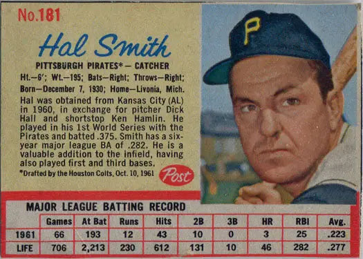 Post Cereal trading card 1962 Hal Smith with Pittsburgh Pirates cap and P logo