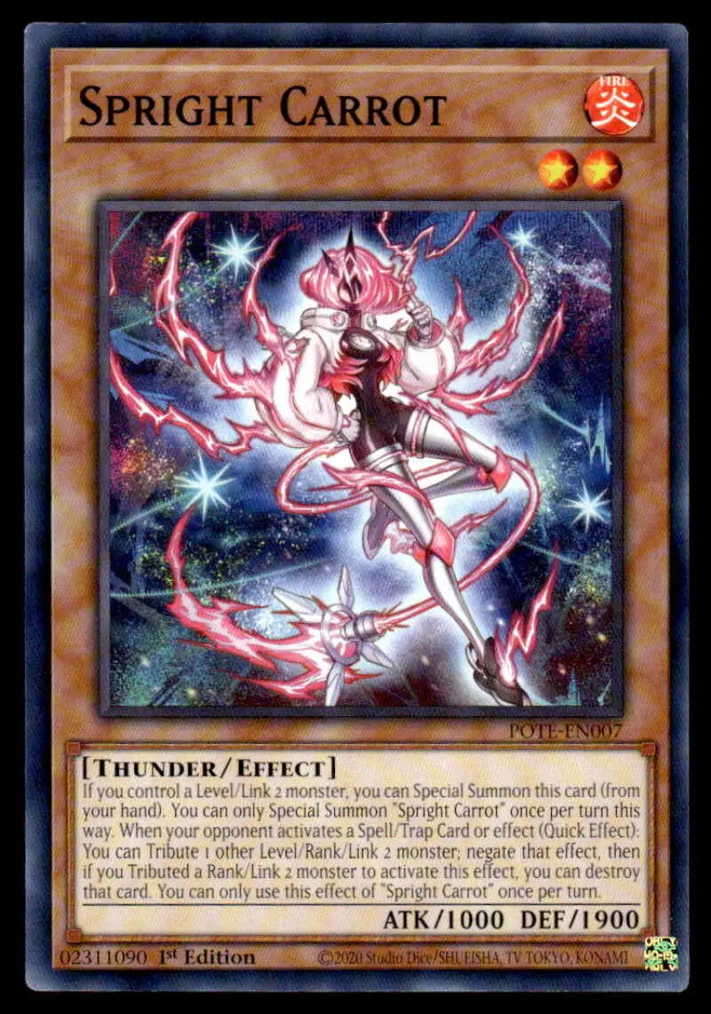 Glowing ethereal Spright Carrot spirit in cosmic setting for YuGiOh trading card