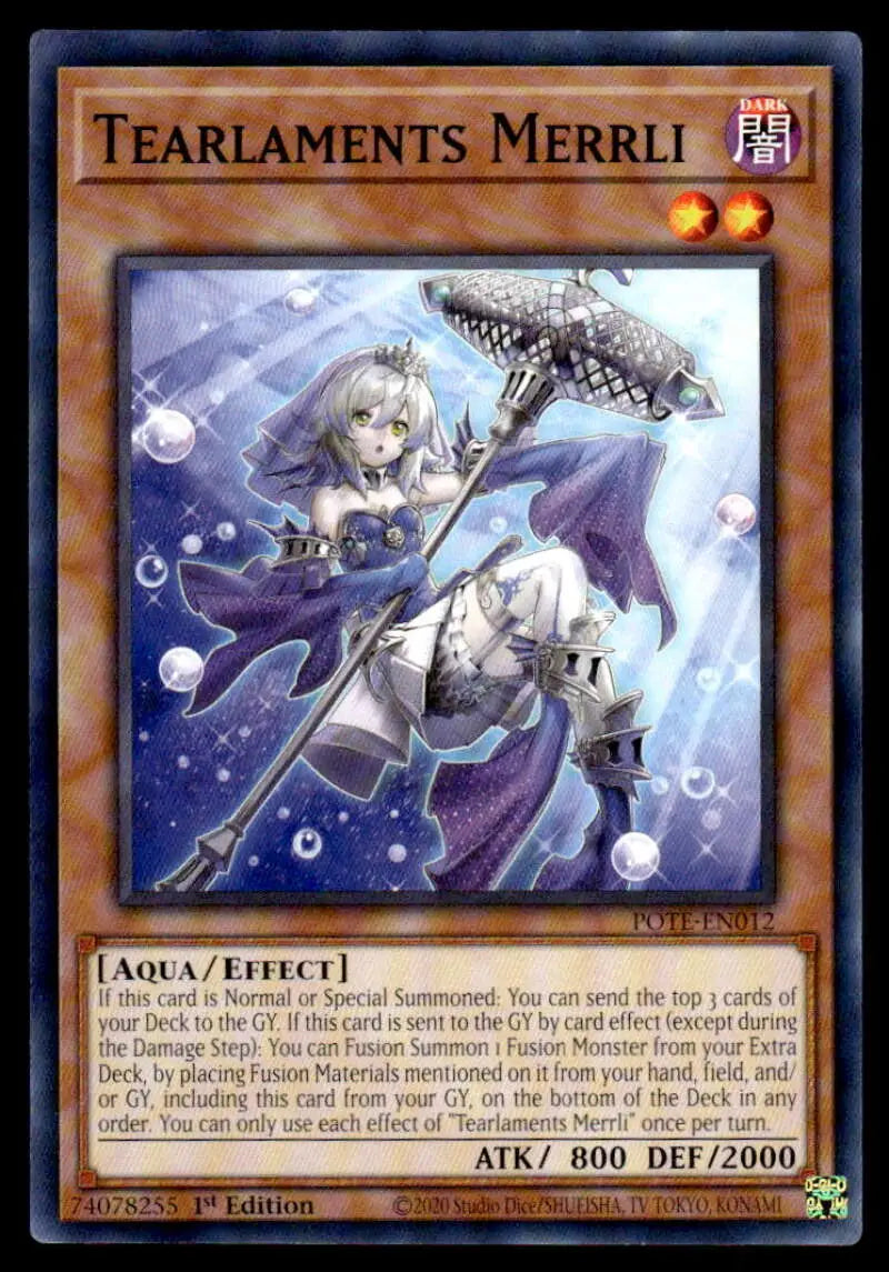 Yu-Gi-Oh! Tearlaments Merrli card POTE-EN012 featuring an underwater warrior with a staff