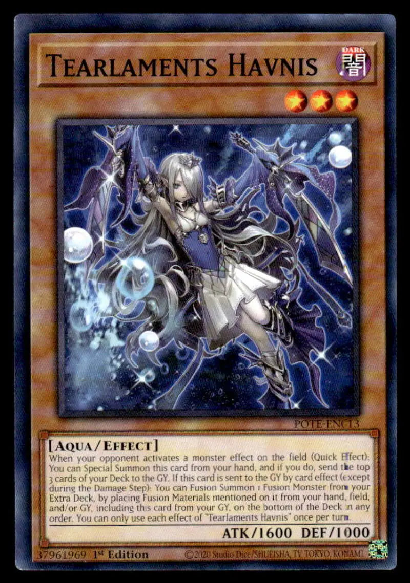 Yu-Gi-Oh! Power of the Elements POTE-EN013 Tearlaments Havnis trading card featuring dark-armored warrior